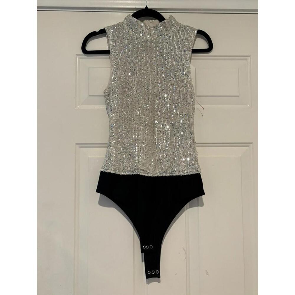Seven for all Mankind women's silver sequin tank sleeve body suit sz S #1482